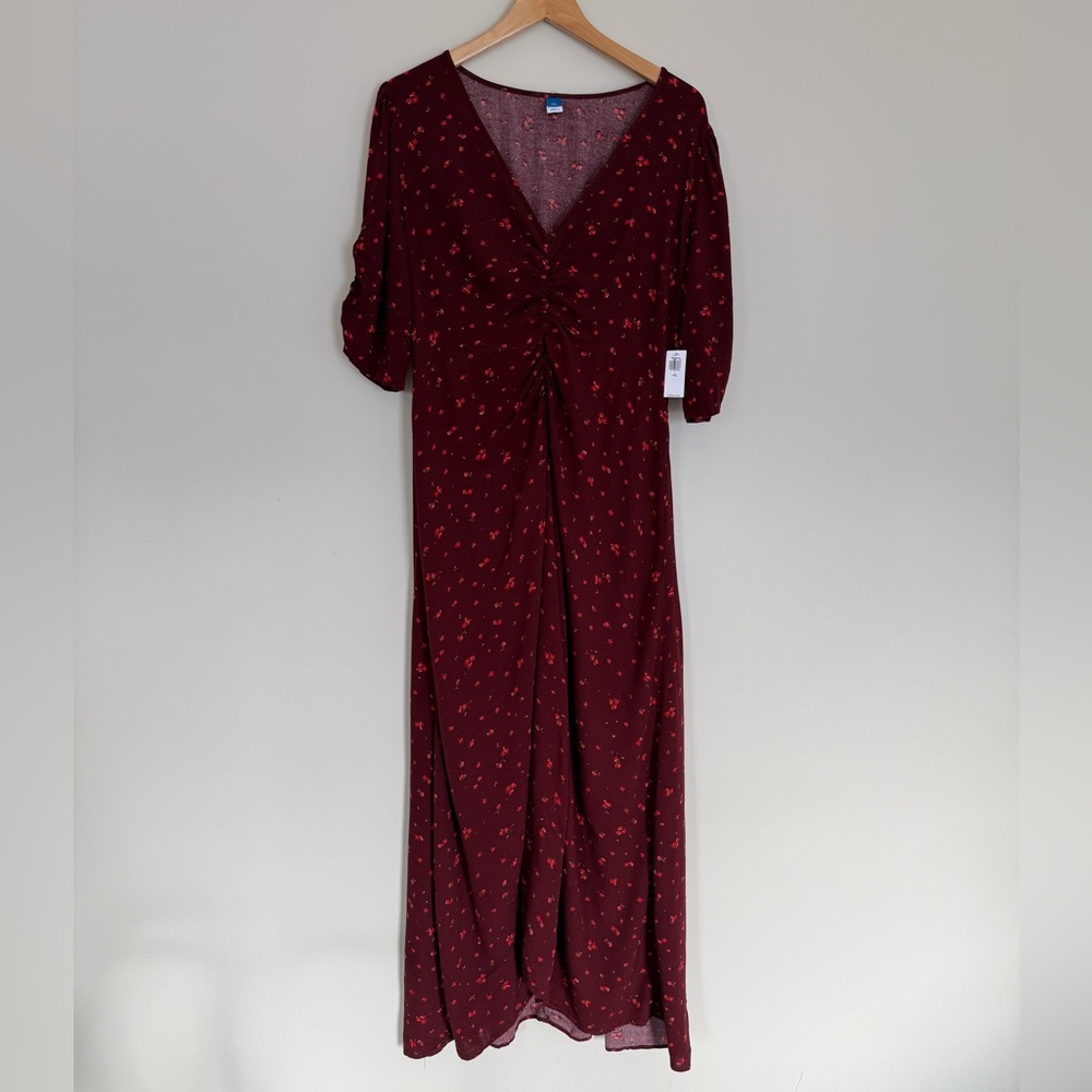 NWT Old Navy Burgundy Puff Sleeve V Neck Midi Dress Floral Size Large Tall